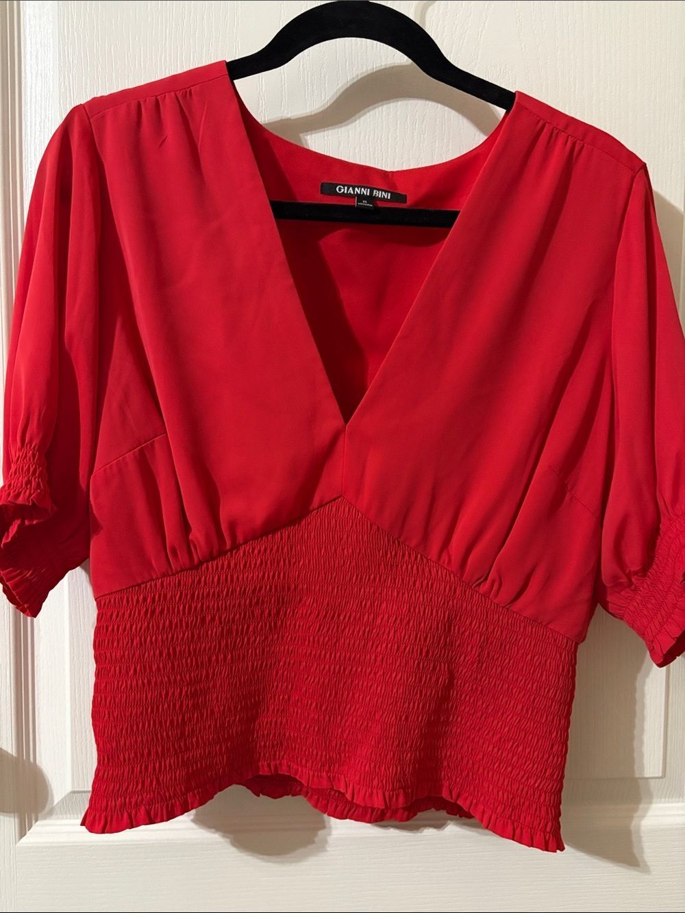 Gianni Bini Bright Red V-Neck Smocked Waist Blouse